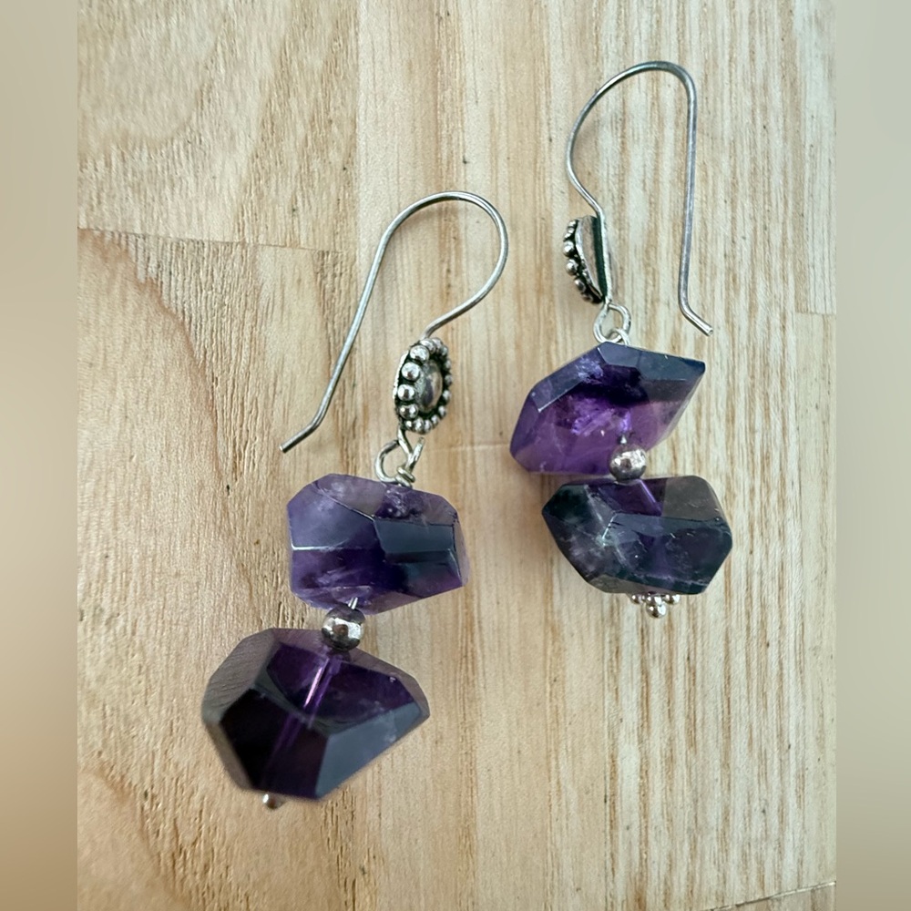 925 Sterling silver purple quartz irregular cut dangle earrings on hooks